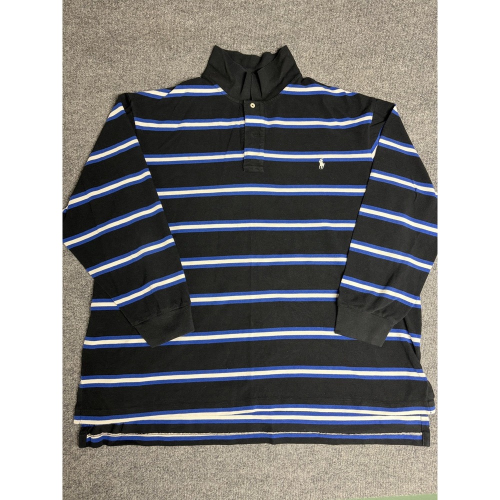 VTG Polo Ralph Lauren Polo Shirt Mens Big 3X Black Blue Stripe Mock Neck Cotton